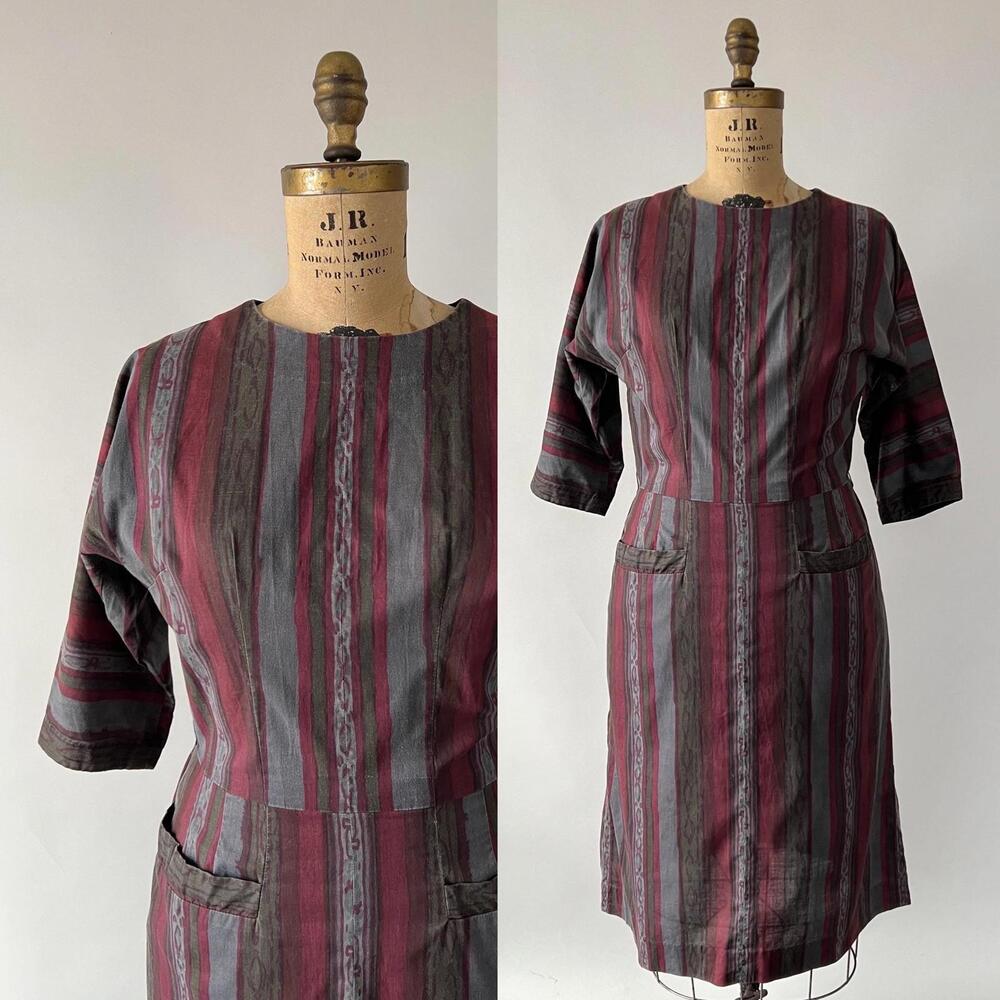 Vintage 50s 60s Gray Burgundy Stripe Cotton Dolman Sleeve Hip Pocket Day Dress M